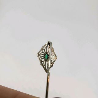 Antique art Deco 10K White gold 417 Emerald Filigree Stick Lapel pin 3