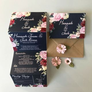 Vintage Floral Navy Day Or Evening Personalised Wedding Invitations With Rsvp
