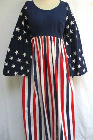Vtg 60s 70s.  Stars & Stripes.  Flag.  Red,  White & Blue.  Hippie.  Maxi.  Dress.  Med