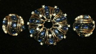 Crown Trifari Signed Pin And Earring Set With Blue Cabs And R.  Stones