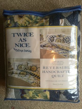 Vintage Reversible Handcrafted Twice As Quilt Blue Yellow Full Queen