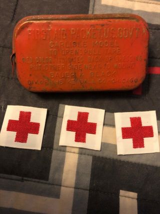 Antique Bauer & Black First Aid Army Packet,  3 Antique Red Cross Sew On Patches