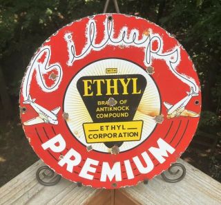 Vintage Billups Ethyl Oil Company 11 3/4 " Porcelain Gas & Oil Sign Pump Plate