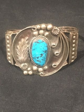 Vintage Silver Native American Turquoise Cuff Bracelet Signed On Back Jc Navajo.