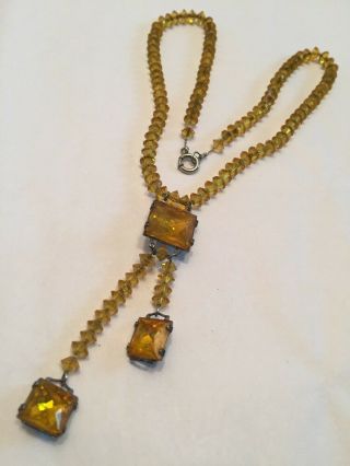 Antique Flapper Crystal Necklace Amber Beads On Sterling Silver Chain 3”dangle