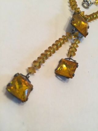 Antique Flapper Crystal Necklace Amber Beads On Sterling Silver Chain 3”Dangle 3