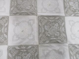Vintage White Linen W Hand Embroidered Flowers & Lace Squares Tablecloth 70x100
