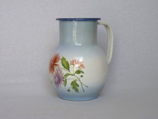 Vintage French Rounded Enamelware Water Pitcher With Floral Decor