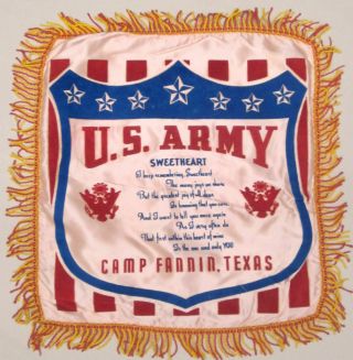 Vtg 1945 Wwii Camp Fannin,  Texas Satin Souvenir Pillow Cover Sham Case