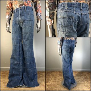 Vtg 70s Jeans High Waist Denim Grid Patchwork Wide Leg Disco Hippy Woodstock 35