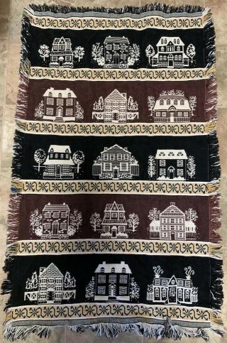 Vtg Woven Colonial Houses Afghan Throw Blanket Beige Brown Black 26” X 42” 2
