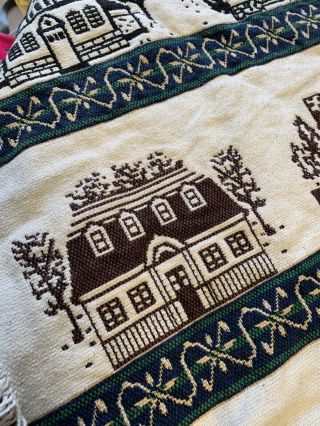 Vtg Woven Colonial Houses Afghan Throw Blanket Beige Brown Black 26” X 42” 3