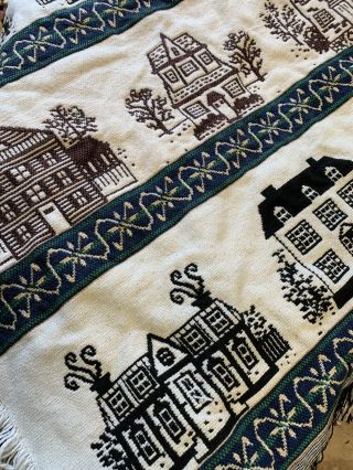Vtg Woven Colonial Houses Afghan Throw Blanket Beige Brown Black 26” X 42” 5