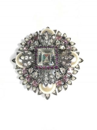 Signed Joan Rivers Faux Pearl Rhinestone Pink & Crystal Pin Brooch Pendant
