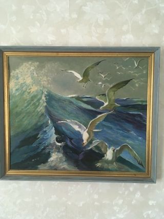 Vintage Oil Painting Cape Cod Seagulls Wave Ocean Seascape Nautical Sea Mcm Usa