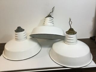 3 Vintage Miller Porcelain Enamel Pendant Light Gas Station Industrial Yard Barn