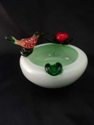 Vintage Murano Art Glass Bird On Branch Bowl Dish Ashtray Red Green White