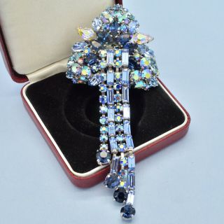 Vintage Brooch Large 1950s Blue Ab Crystal Tassel Drop Silvertone Jewellery