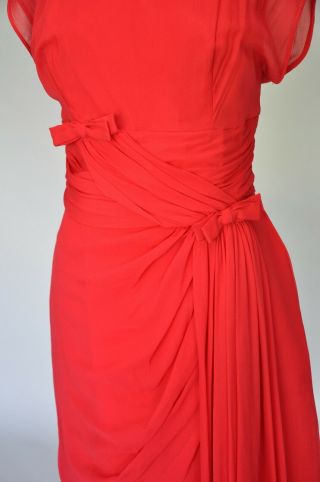 Vintage VTG 50s 1950s Silk Chiffon Draped Wiggle Dress Short Sleeves Bow Party L 4