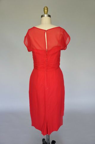 Vintage VTG 50s 1950s Silk Chiffon Draped Wiggle Dress Short Sleeves Bow Party L 6