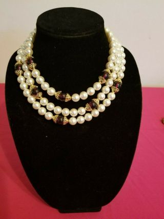 1980 - 90s Napier Triple Strand Necklace With Faux Pearl