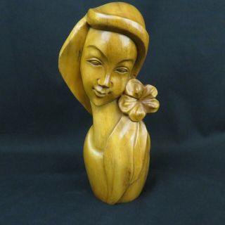 Vintage Carved Wood Hawaiian Woman Figurine Bust Tropical Flower Tiki Bar Decor