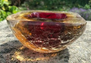 Huge Rare Vintage Murano Sommerso Geode Glass Ashtray 1.  5kg Red,  Amber & Clear
