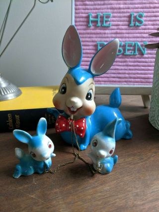 Vintage Arnart Japan Blue Bunny Rabbit Family Anthropomorphic Very Good Cond.