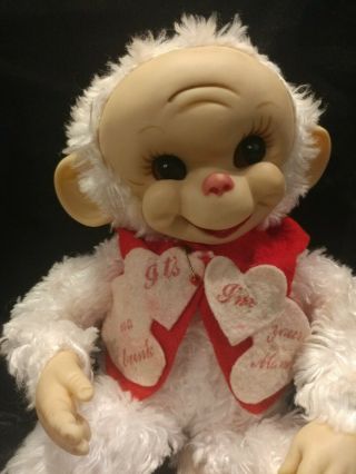 Vintage Rushton Star Creation Valentine Monkey Rubber Face 15 " White Plush Chimp