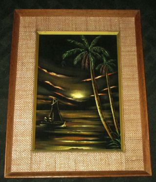 Hawaii Vintage Tropical Black Velvet Painting Woven Matting Wood Frame