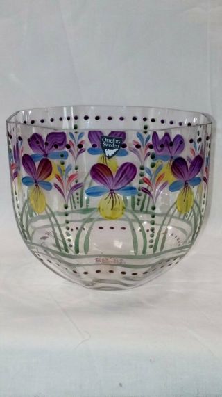 Vintage 70 Orrefors Hand Painted Violets Octagonal Bowl Vase Signed Eva Englund