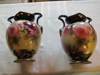 2 Ant.  /vtg.  Nippon ??? Double Handled Urns/vases Cobalt,  Gold,  Hand Painted Rose