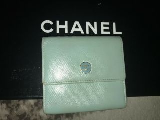 Authentic Chanel Baby Blue Leather Trifold Vintage Logo Snap Wallet - $1800