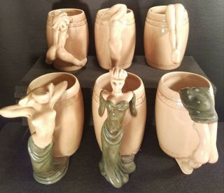 Set Of 6 Vintage Dorothy Kindell Nude Woman Figure Mugs Pottery Striptease
