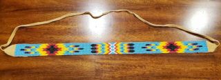 Vintage Or Antique Native American Indian Beaded Headband With Tanned Leather