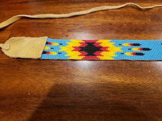 Vintage or Antique Native American Indian Beaded Headband With Tanned Leather 5