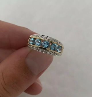 9ct Gold Blue Topaz & Diamond Cluster Ring 9k 375.