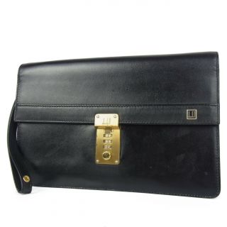 Auth Dunhill Logos Vintage Leather Clutch Hand Bag Black F/s 822