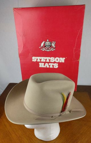 Vtg Stetson Hat Tan Silverbelly Beaver 7 1/2 Usa Jbs Feather Cowboy Western Box