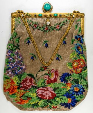 Antique Jeweled Filigree Bronze Frame Micro Beaded Purse Evening Bag