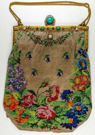 ANTIQUE JEWELED FILIGREE BRONZE FRAME MICRO BEADED PURSE EVENING BAG 2