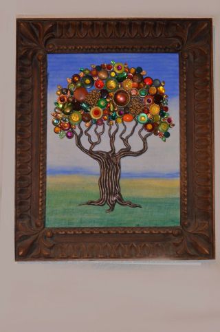 Fall Tree OOAK Framed Collage made from vintage buttons & jewelry 16 x 18 inch 2