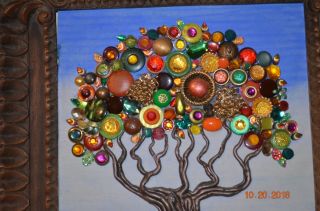 Fall Tree OOAK Framed Collage made from vintage buttons & jewelry 16 x 18 inch 3
