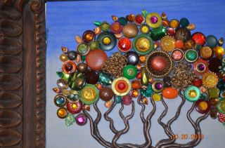 Fall Tree OOAK Framed Collage made from vintage buttons & jewelry 16 x 18 inch 4