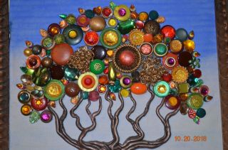 Fall Tree OOAK Framed Collage made from vintage buttons & jewelry 16 x 18 inch 5