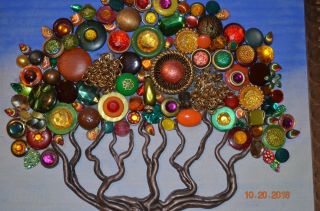 Fall Tree OOAK Framed Collage made from vintage buttons & jewelry 16 x 18 inch 6