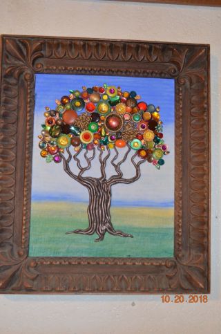 Fall Tree OOAK Framed Collage made from vintage buttons & jewelry 16 x 18 inch 8