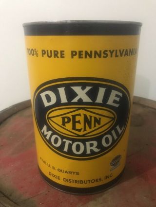 Rare 5 Quart Metal Dixie Penn Motor Oil Can Rare/ Great