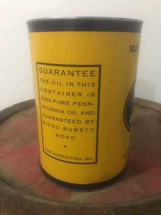 RARE 5 Quart Metal Dixie Penn Motor Oil Can RARE/ GREAT 5