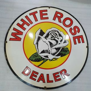 WHITE ROSE DEALER 30 INCHES ROUND VINTAGE ENAMEL SIGN 2